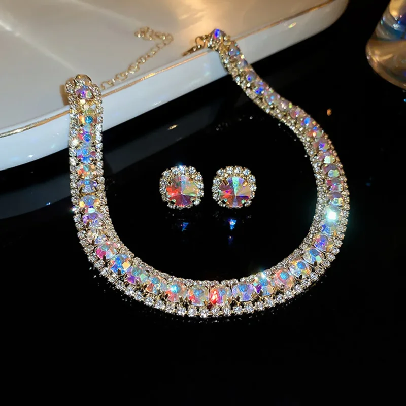 FYUAN Luxus Halskette Ohrringe Sets Grün Kristall Halskette Frauen Hochzeiten Braut Schmuck Zubehör – Detail 10