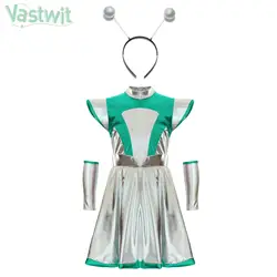 Kids Girls Halloween Outer Space Cutie Alien Cosplay Costume Shiny Dress with Arm Sleeve Carnival Theme Party Role Play Clothes