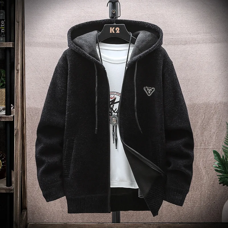 Autumn New Style Cardigan Sweater Men's Fashion Brand Handsome Loose Relaxed Versatile Plush Thickened Hooded Knit Coat