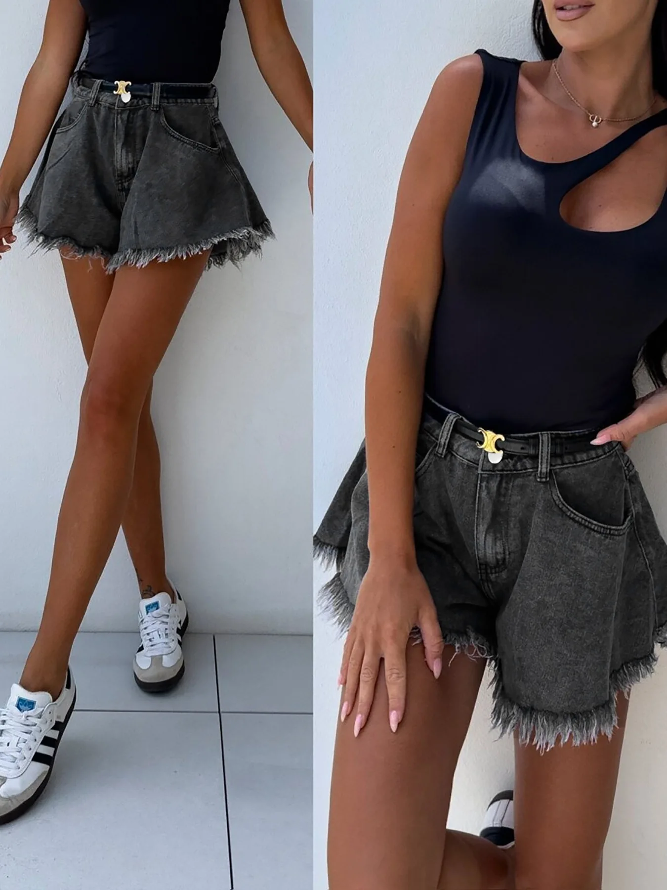 Women's European American Cross Border INS Viral High-Waist Flared Hot Pants Black Denim Shorts Stylish Casual Slimming
