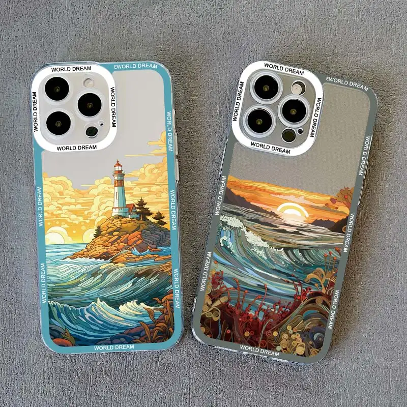 เคสโทรศัพท์แบบใสลายพระอาทิตย์ตกสุดหรูสำหรับ iPhone 15 14 13 12 11 PRO MAX x XS XR 14 15 PLUS SE2 7 8 Plus ฝาครอบภูมิทัศน์ทิวทัศน์