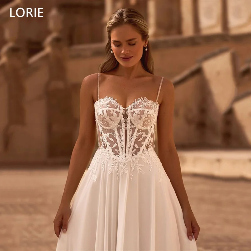 

LORIE A-Line Lace Wedding Dresses Illussion Spaghetti Strap Backless Bride Prom Gown Floor-Length Tail Bridal Gown Customized