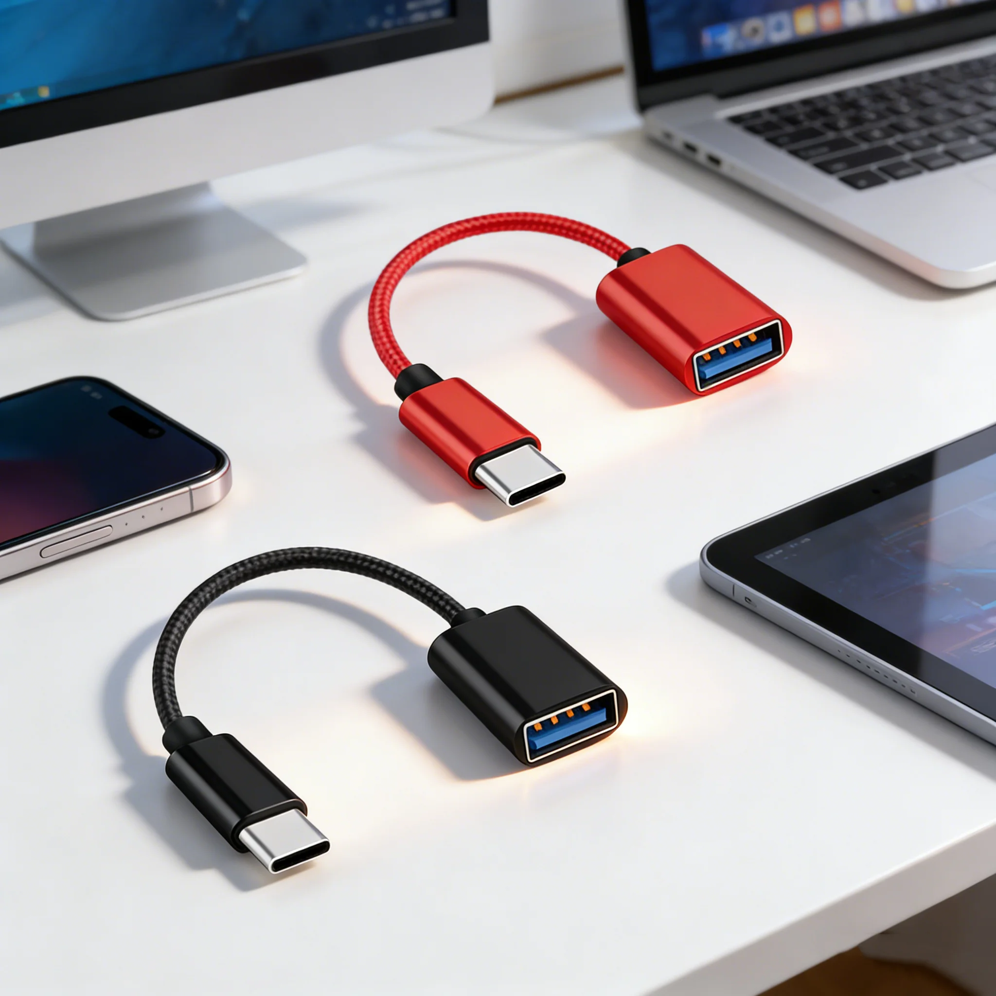 Type-C to USB OTG Adapter Red Black Dual Color, Plug & Play Converter Compatible with iPhone 15 16, MacBook Pro Air