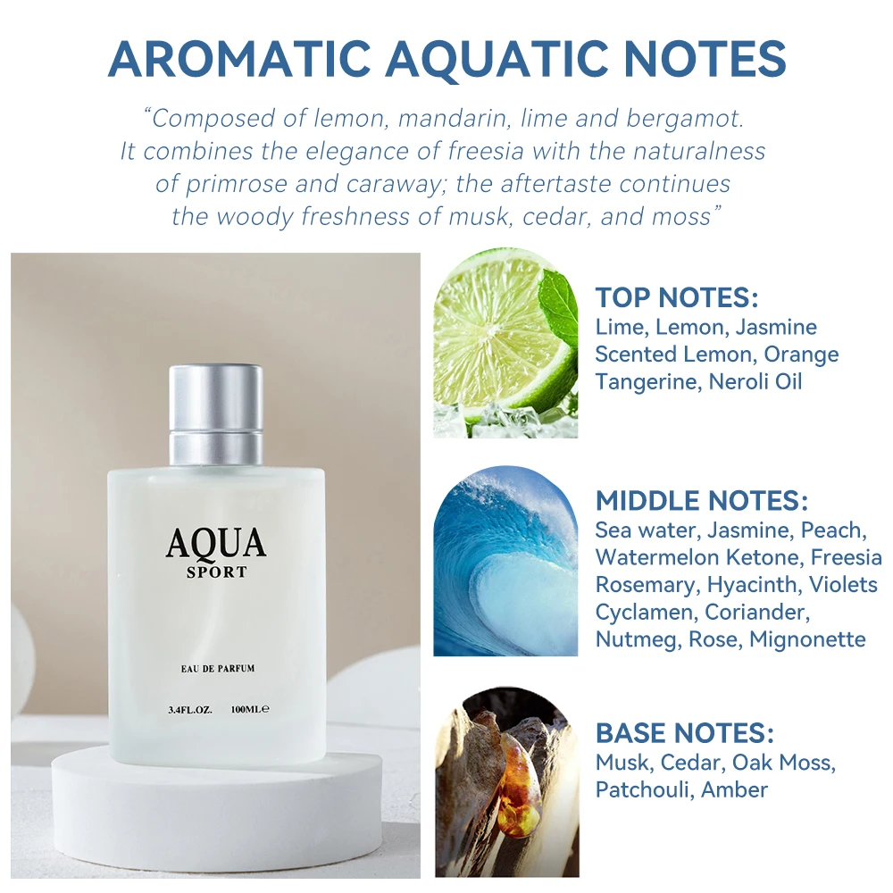 100ML 3.4FL.OZ AQUA ผู้ชาย Eau de Parfum,น้ํา Aquatic Aromatic Notes น้ําหอม,มะนาว,Marine,musk,Fresh Ocean กลิ่นหอมสําหรับชาย