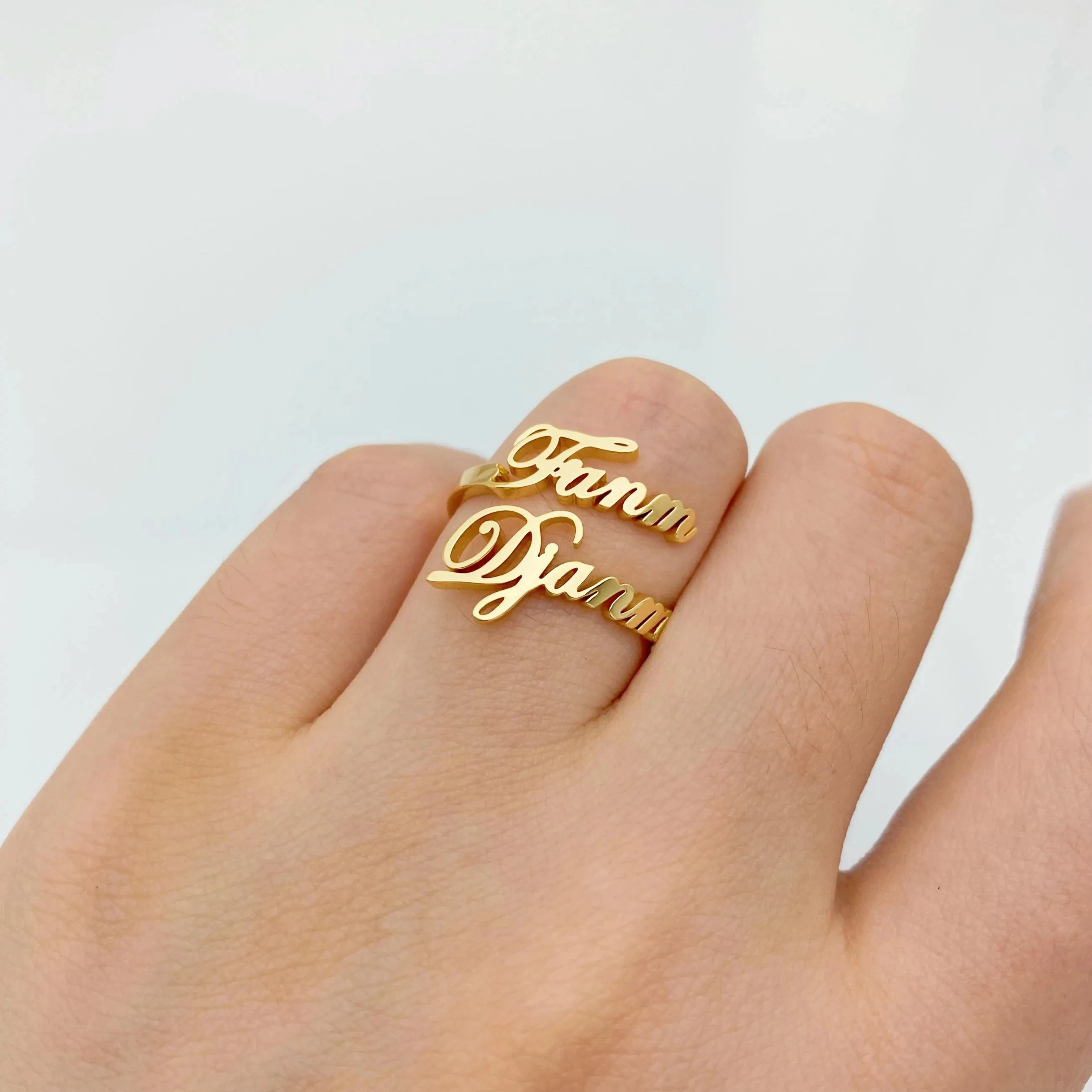 Custom Double Name Ring Personalized Two Names Script Ring Adjustable Open Stacking Ring For Couple Stainless Steel Jewelry