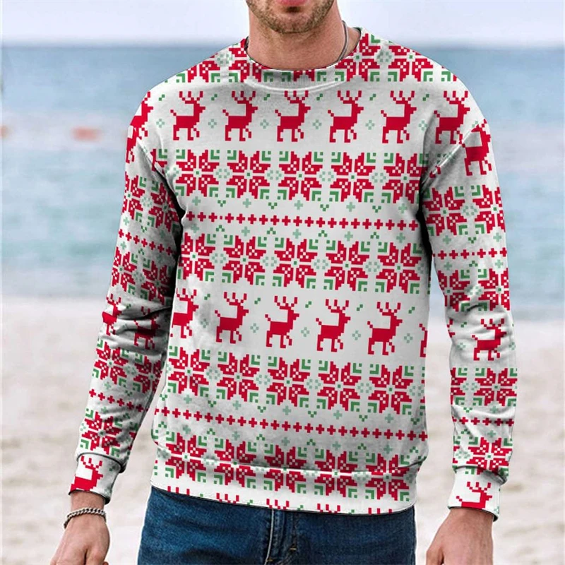 Christmas Elk Sweatshirt Men\'s Clothing Long Sleeves Pullover 3D Print Jesus Family Holiday Gifts 2024 Autumn Trend Sweatshirts