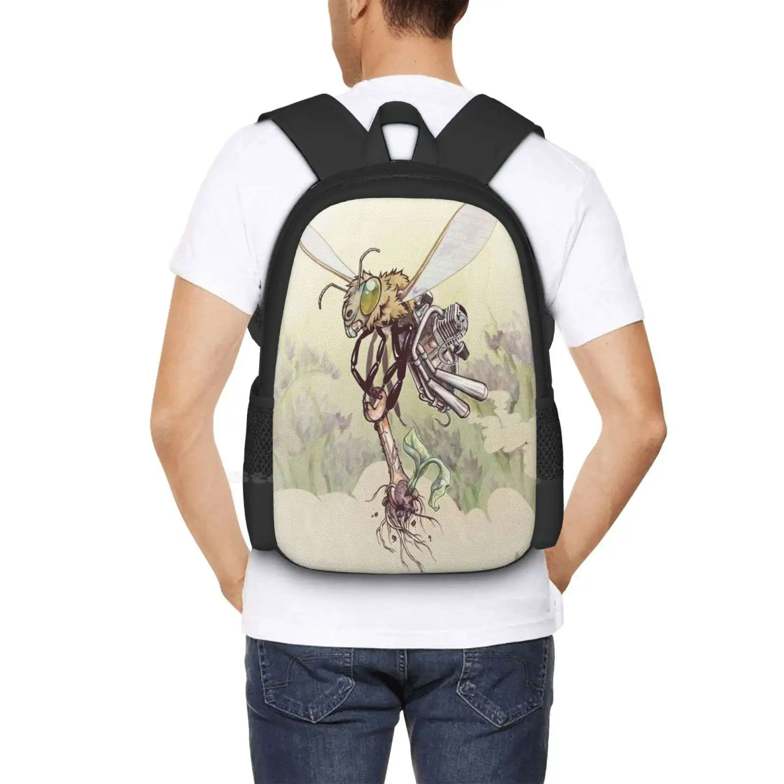 Cyborg-mochila escolar con diseño de patrón de moda de abeja, bolsa para portátil de viaje, abeja, insecto, Mosca, engranaje, Cyborg, Robot Punk ciber, combustión