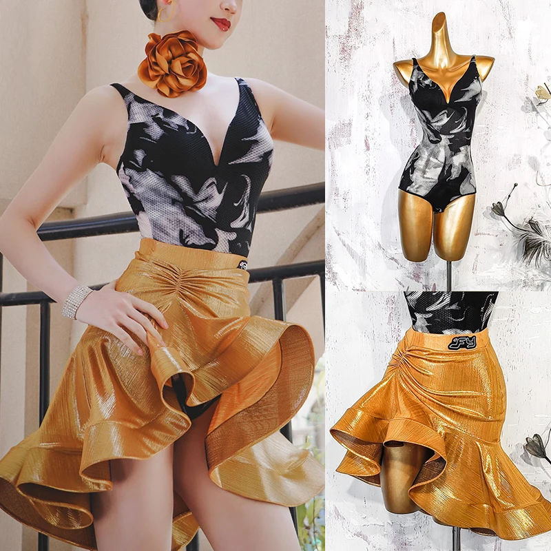 

2025 New Latin Dance Costume Women Tango Standard Dancing Performance Outfit Sleeveless Bodysuit Ruffle Skirt Training Wear 3877