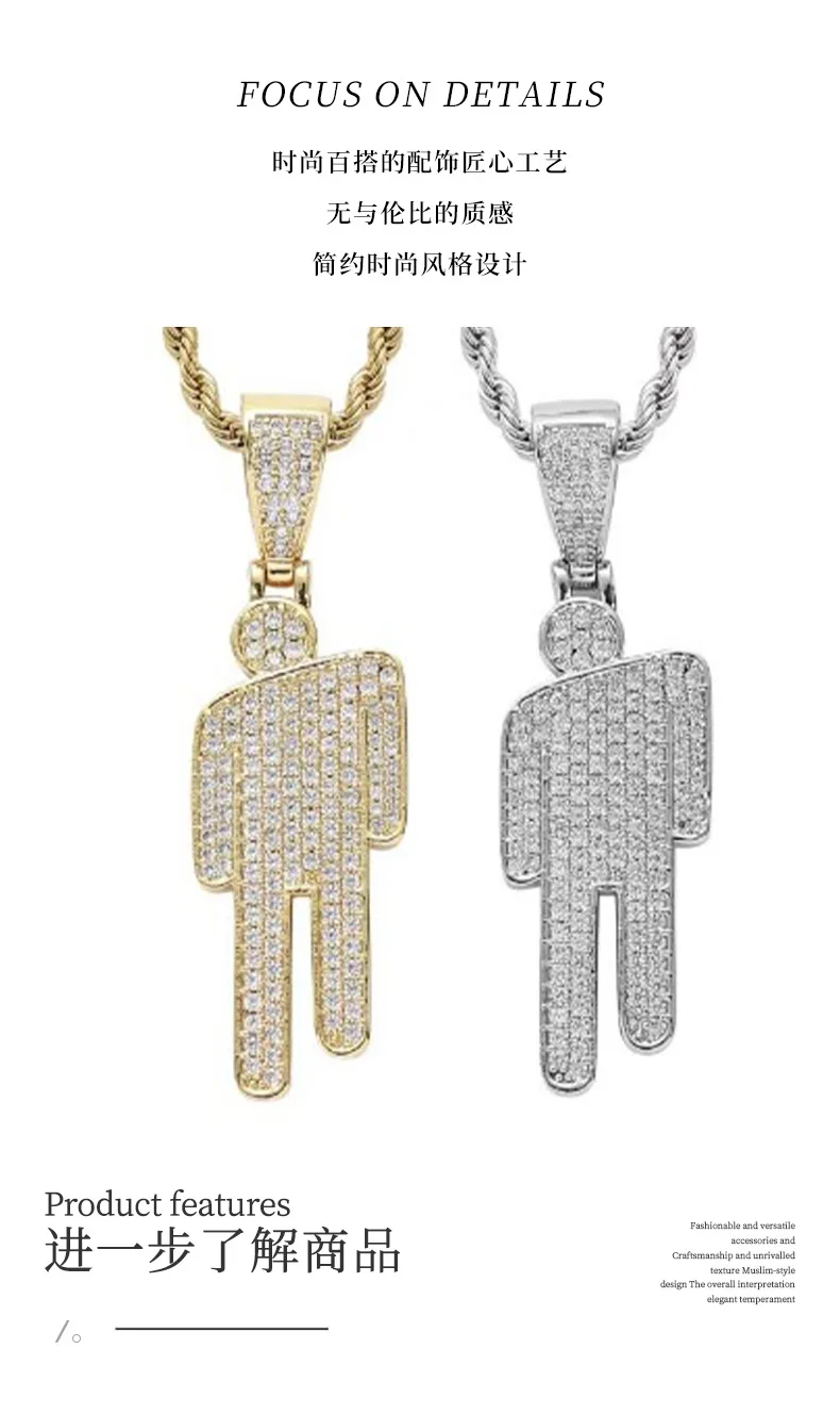 Hip Hop Necklace Stainless Steel Skew Head Zircon Couple Pendant Necklace Full of Zircon Pendant  Street Fashion Necklace