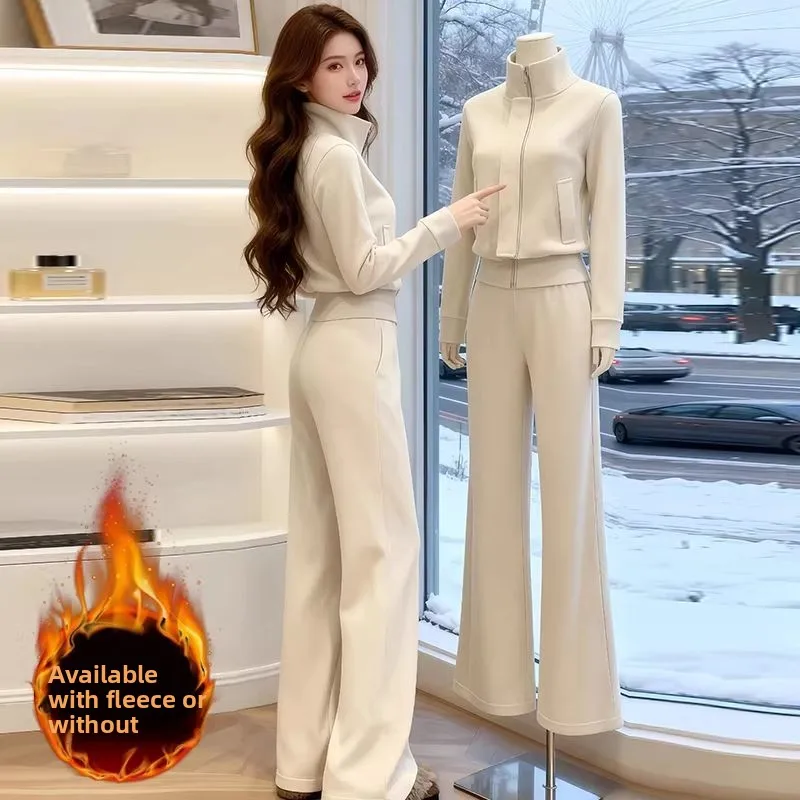 

Winter Fashion Korean Style Zipper Long Sleeve Stand Collar Fleece Lined Casual Wide Leg Pants Two Piece Set Warmth Guaranteed