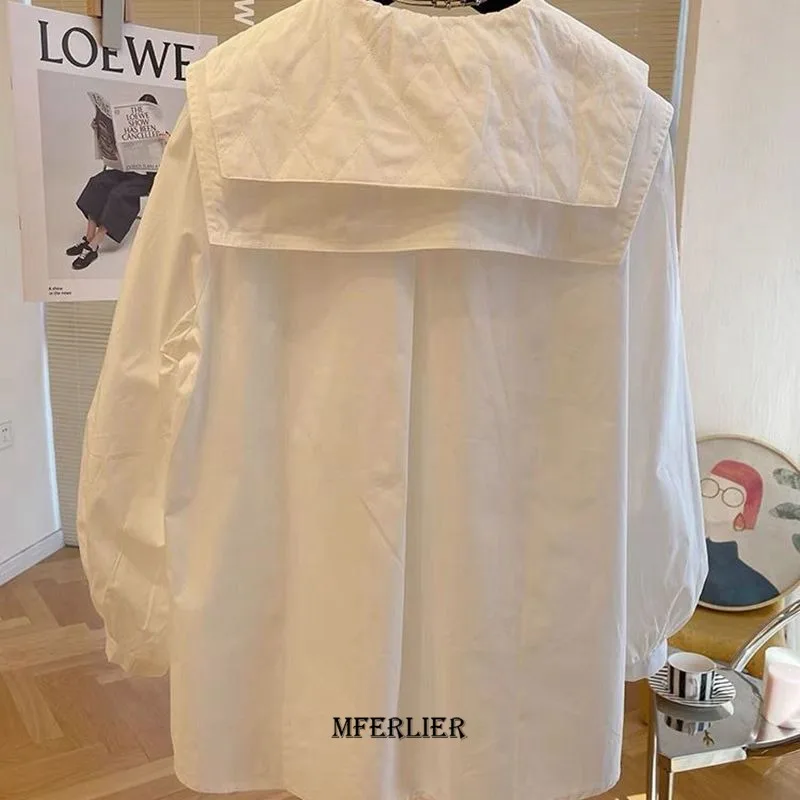 Plus Size 6XL 140KG Women Spring Shirt Collar Lady White Sweet Top Women Long sleeve Oversized Shirt Big Women Top