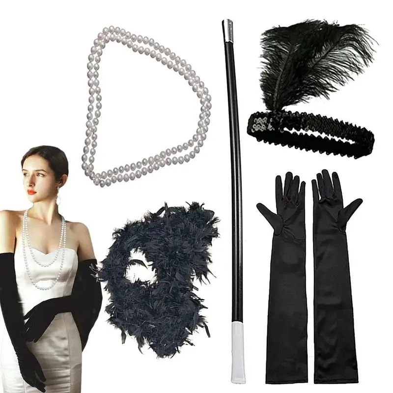 1920s Women Vintage Flapper Gatsby Costume Accessories Set 20s Headband Pearl Necklace Gloves Cigarette Holder Anime Set