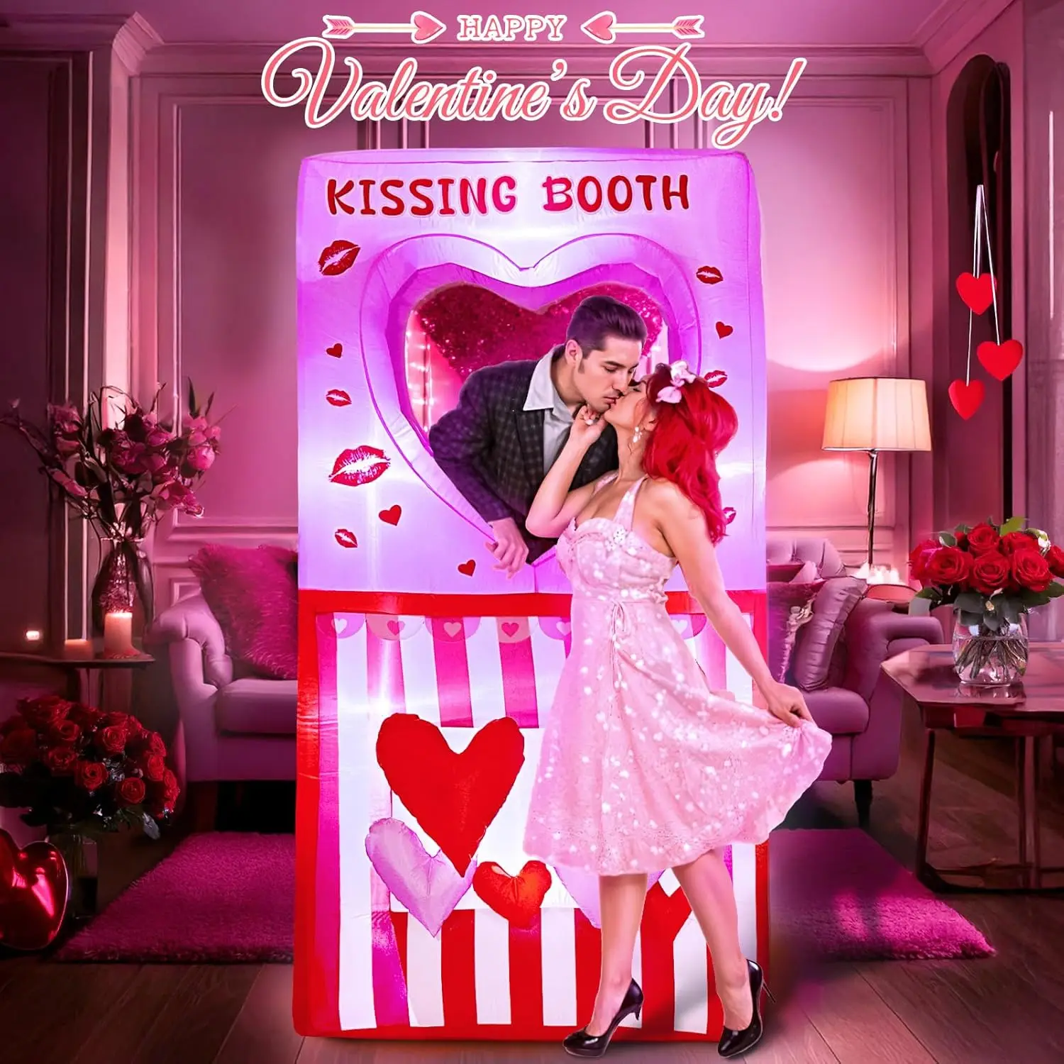 7FT Valentine's Day Photo Props Inflatables Outdoor Poster Board Decorations Heart Love Kissing Booth for Wedding Party Toys