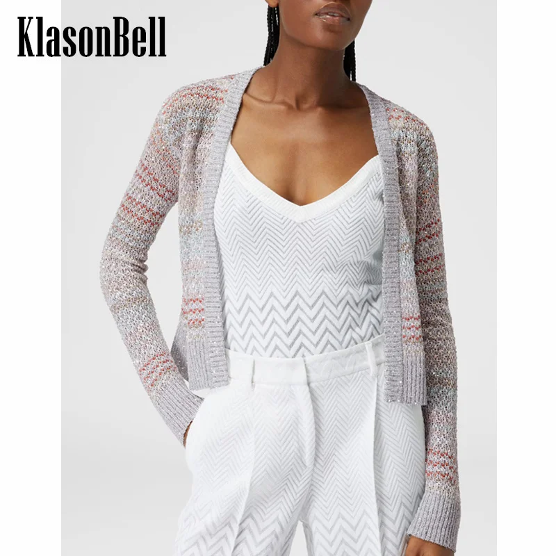 

5.8 KlasonBell Fashion Bright Silk Striped Jacquard Knitted Cardigan V-Neck All-matches Single Breasted Short Knitwear Top