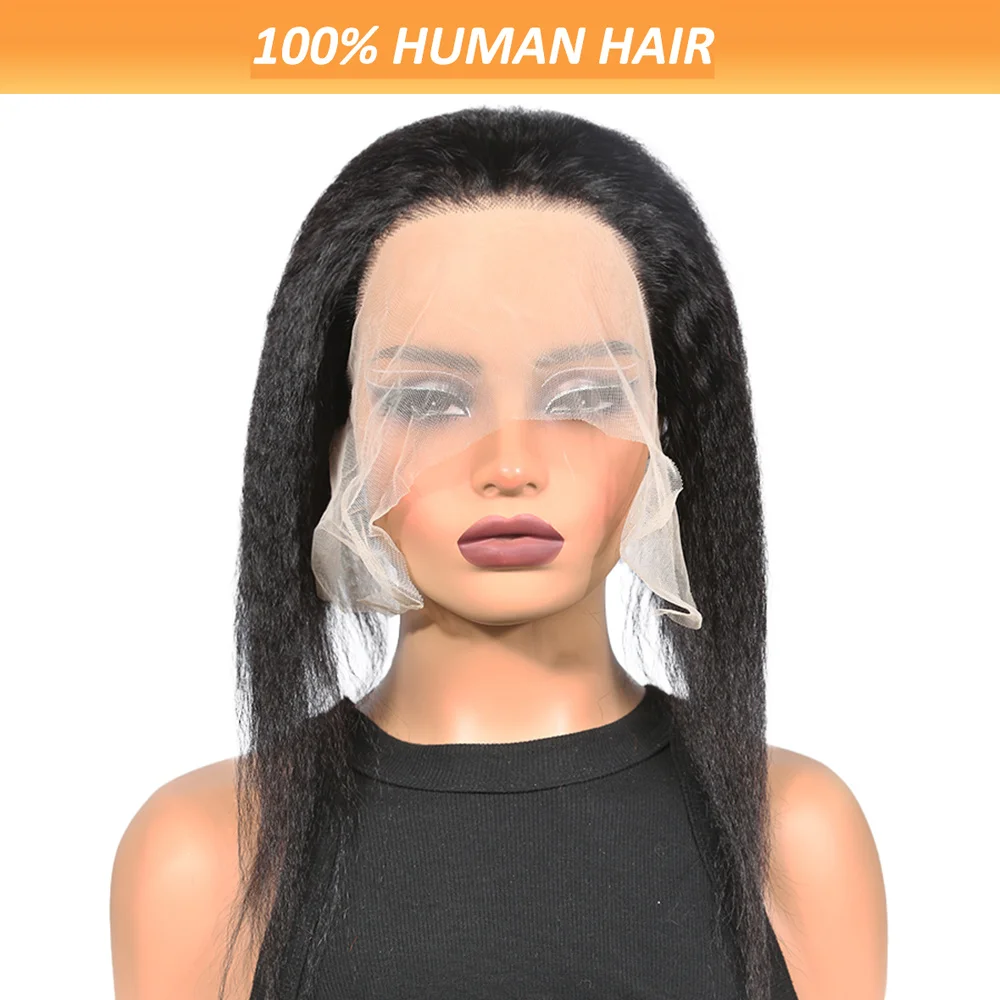 13x4 Lace Wig Cap with Front Kinky Straight Human Hair - Breathable Lace for Natural Look, Secure Fit for Women Yaki Straight