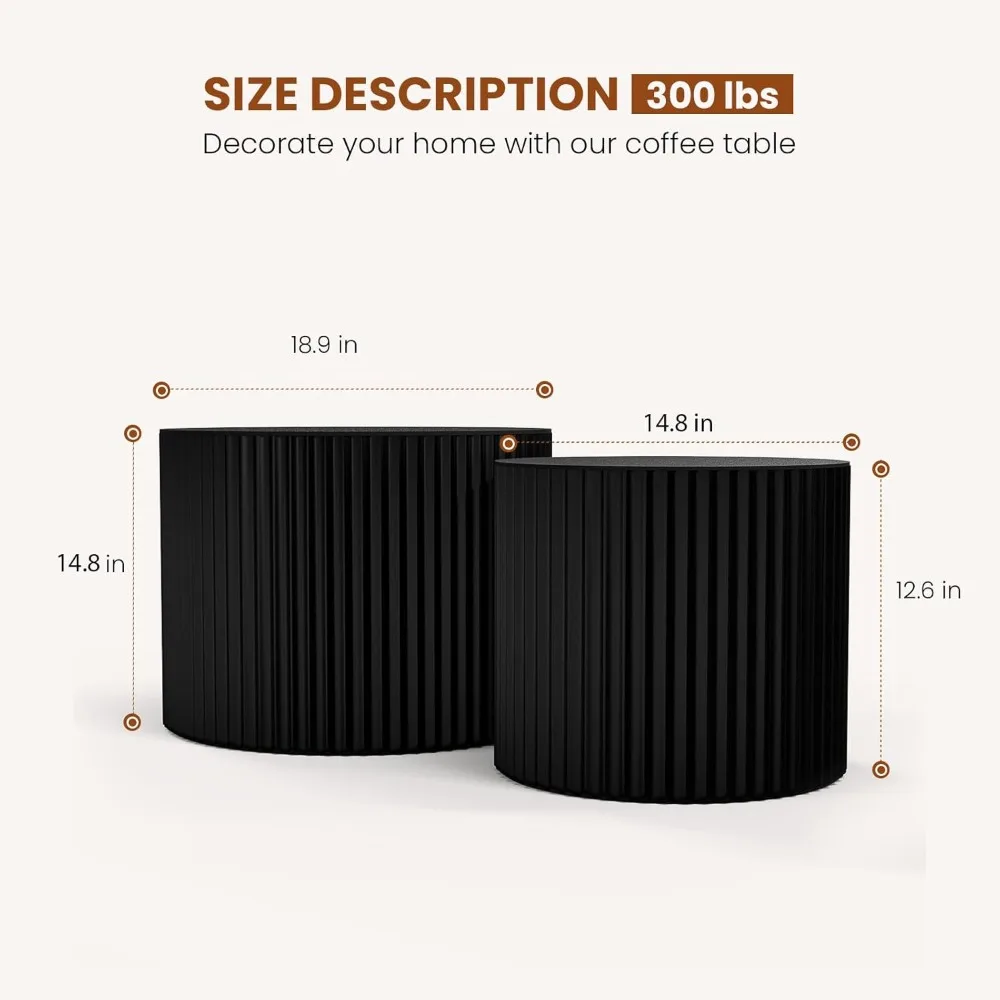 Modern Nesting Coffee Table Set - 2 Piece Circle Wood Table Collection, Handcrafted Drum Style Tables for Living Room