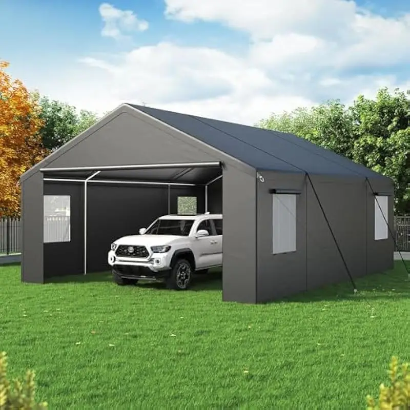 20x20 FT All-Weather Enclosed Canopy with Removable Roll-Up Doors Windows Galvanized Steel Frame Triple-Layer PE Tarp Dust Rain
