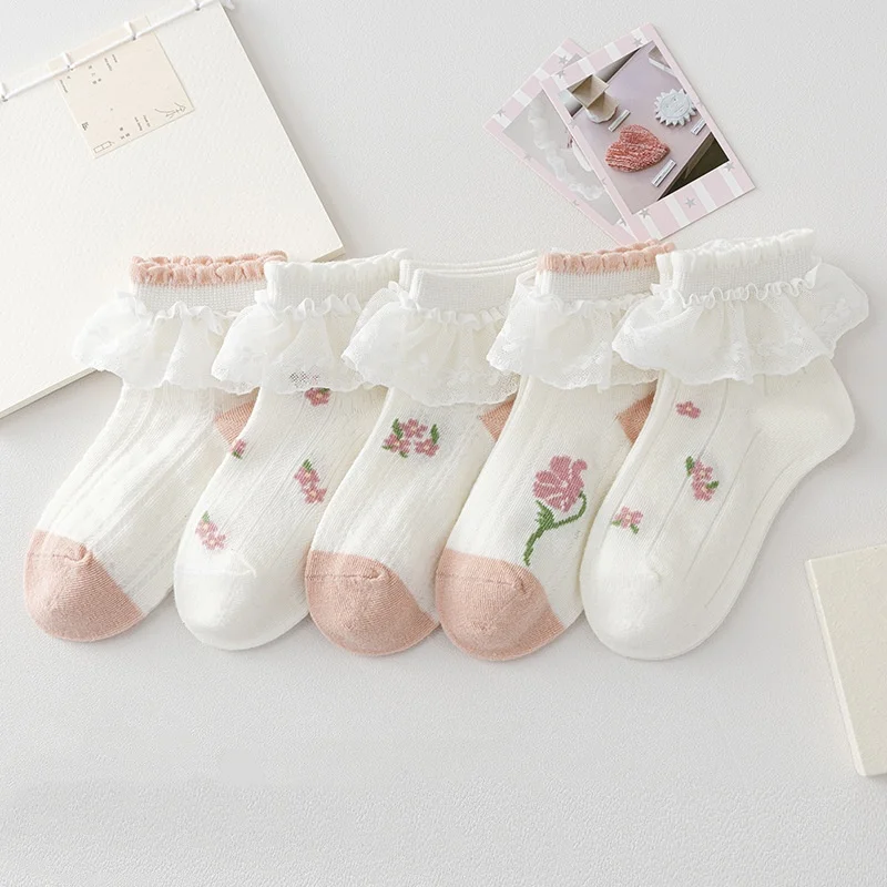 5Pairs/Set Children's Cotton Boneless Socks Princess Lace Ruffle Mesh Breathable Socks Kids Printed Dance Short Sock 1-15 Years