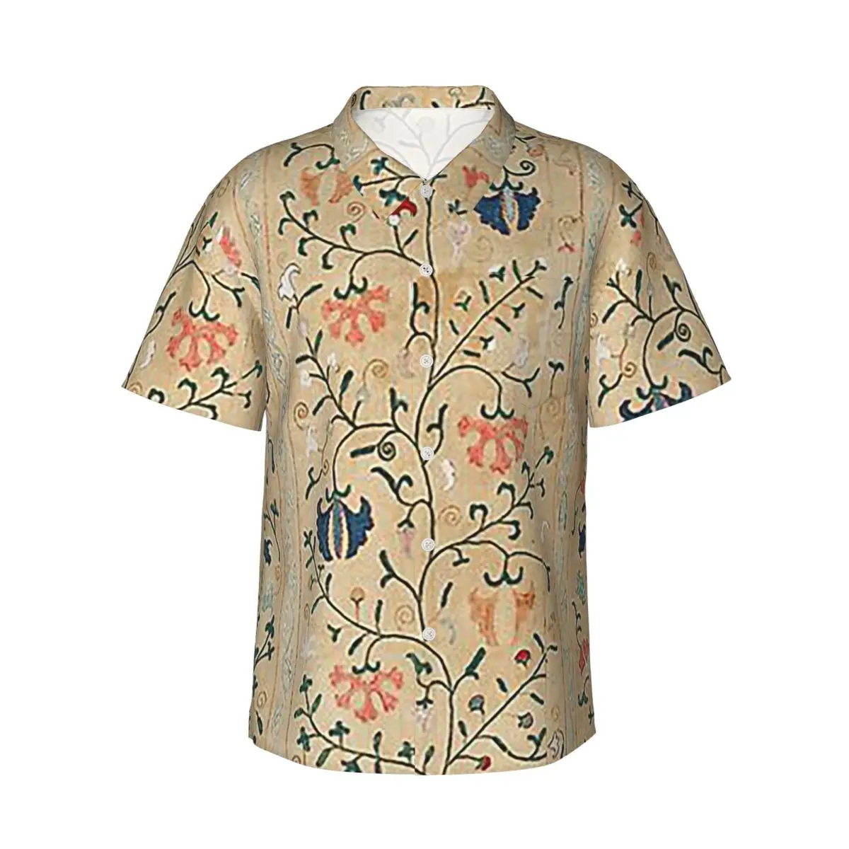 Camisas Masculinas com Bordado Suzani do Uzbequistão, Camisa Havaiana de Manga Curta, Camisas Divertidas com Botões para o Verão e Praia