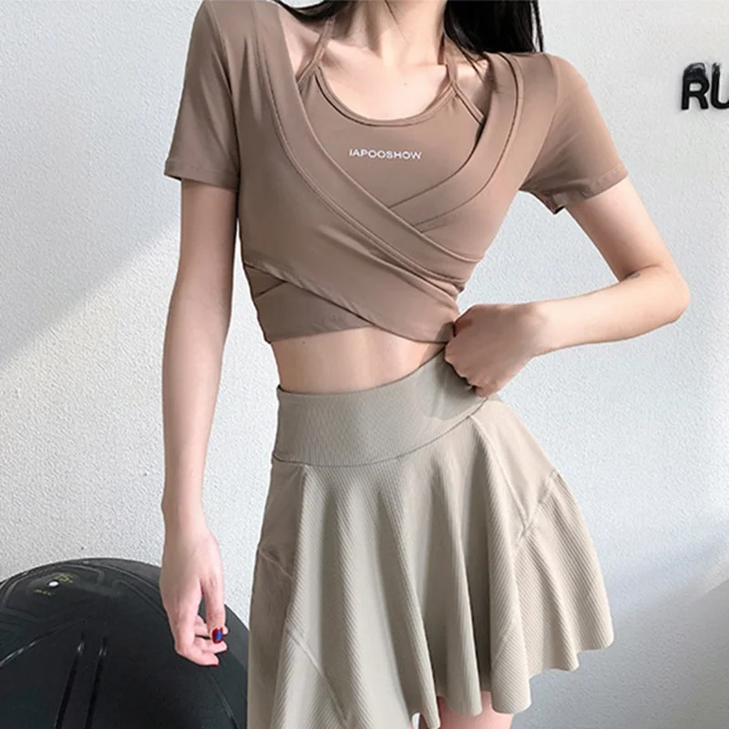 Sexy Yoga Clothes Show Clavicle Tightening Waist Short Sleeve Running Sports Fitness Top Women's Summer Thin Short Length rou...