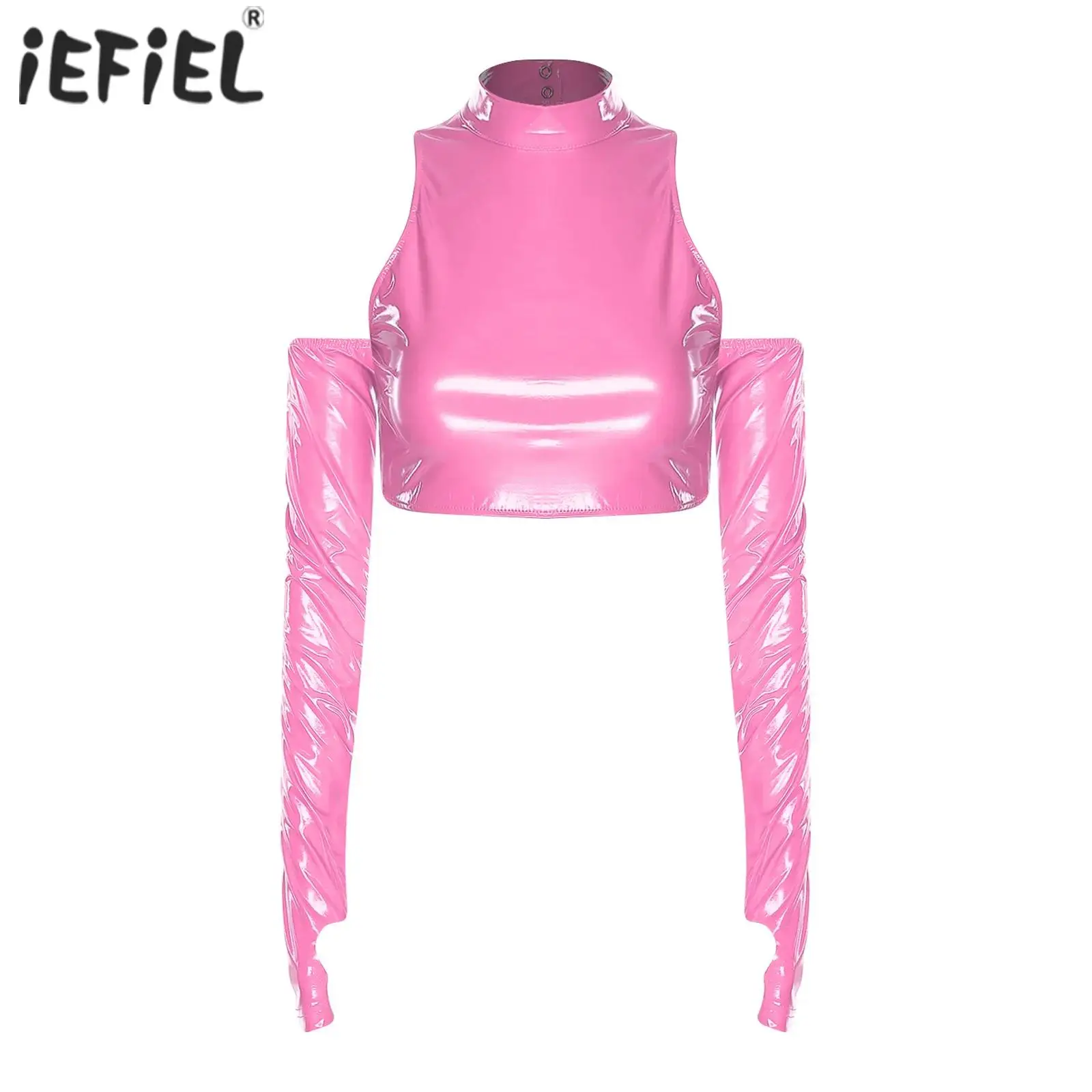 Damen-Pullover-Oberteil für Erwachsene, aushöhlen, glänzendes PU-Kurztop, kalte Schulter, lange Ärmel, Rave-Party, Musik, Festival, Kostüm, Clubwear