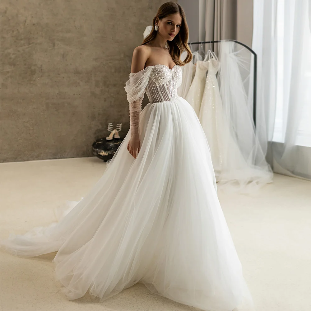 Prachtige dames trouwjurk met lovertjes kralen sexy strapless uit de schouder een lijn open rug bruidsjurken op maat