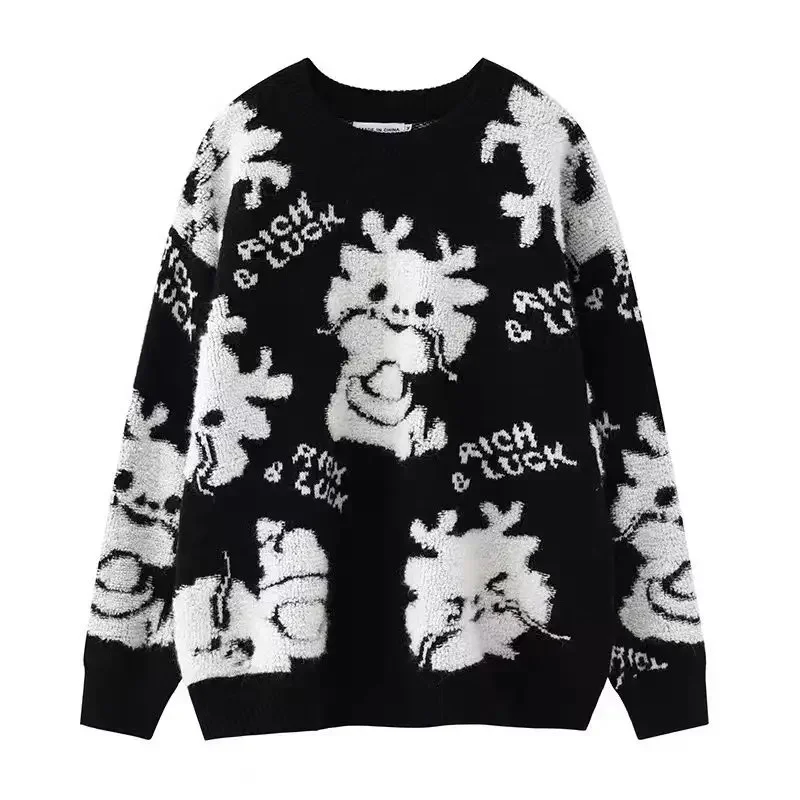 Autumn and Winter Women's Pullover Round Neck Long Sleeve Color Block Letter Cartoon Elastic Loose Sweater Fashion Casual Tops