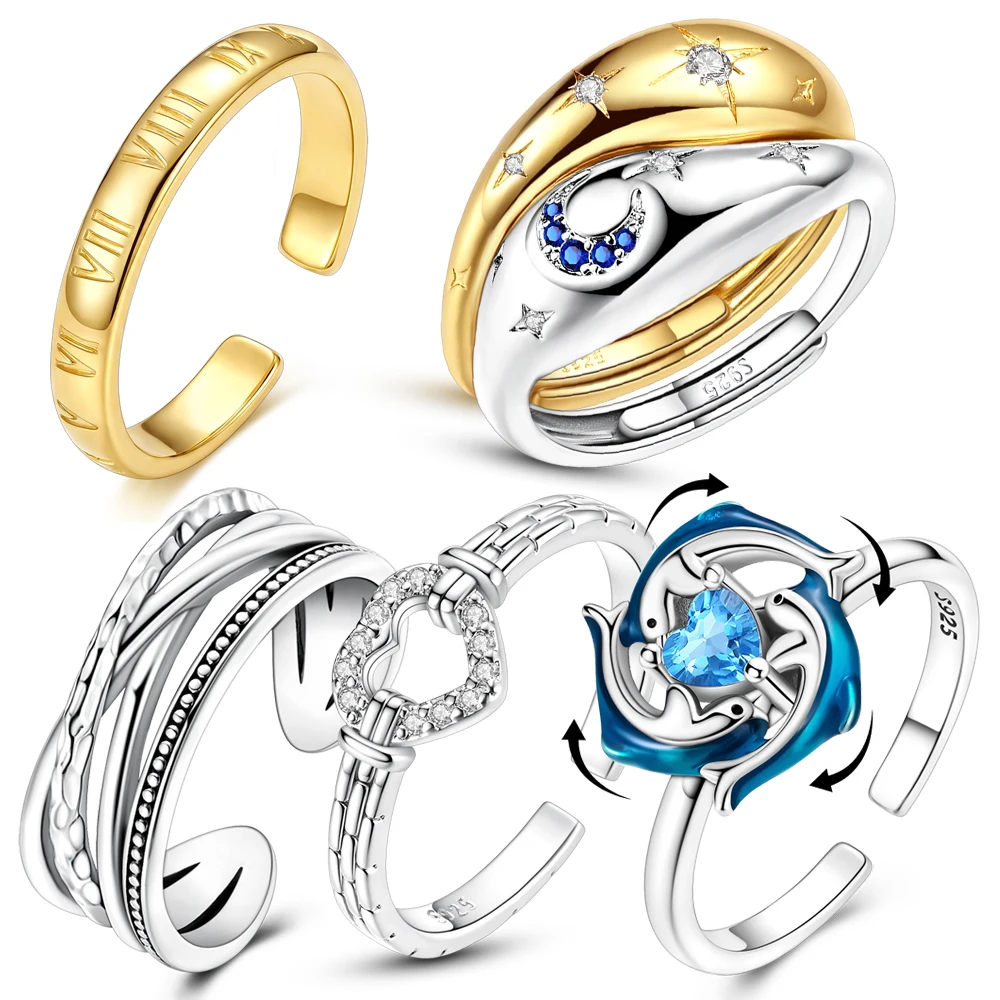 

Cool 925 Sterling Silve Two Tone Sun Moon&Interweaving&Heart&Rotating Dolphin Open Ring Neutral tyle Jewelry