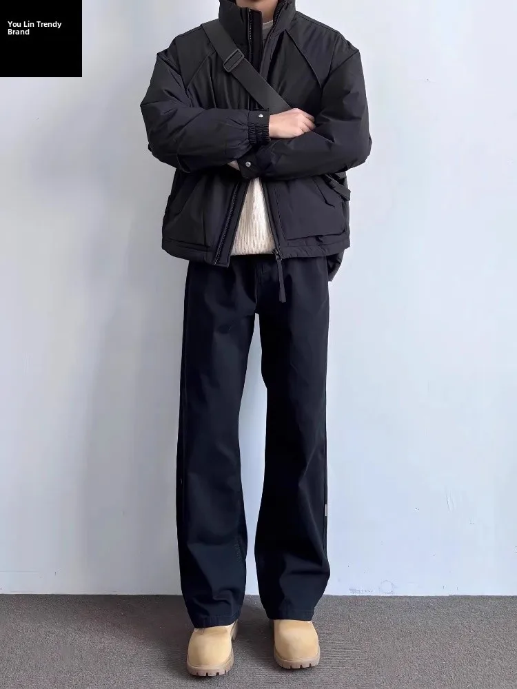 

Cleanfit Men's Thickened Fleece Lined Slim Fit High Waist Straight Leg Jeans American High Street Style Casual Wear