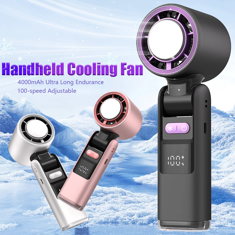

4000mAh Rechargeable Electric Handheld Cooling Fan 100-Speeds Adjustable Portable Outdoor Foldable Mini Air Turbo Fan w/ Lanyard