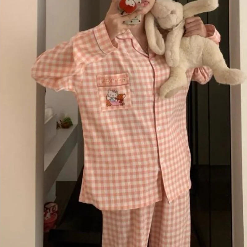 

New Sanrio Hello Kitty Pajamas Set Cartoon Women Students Home Loungewear Cute Kawaii Plaid Long Sleeve Long Pants Nightwear Set