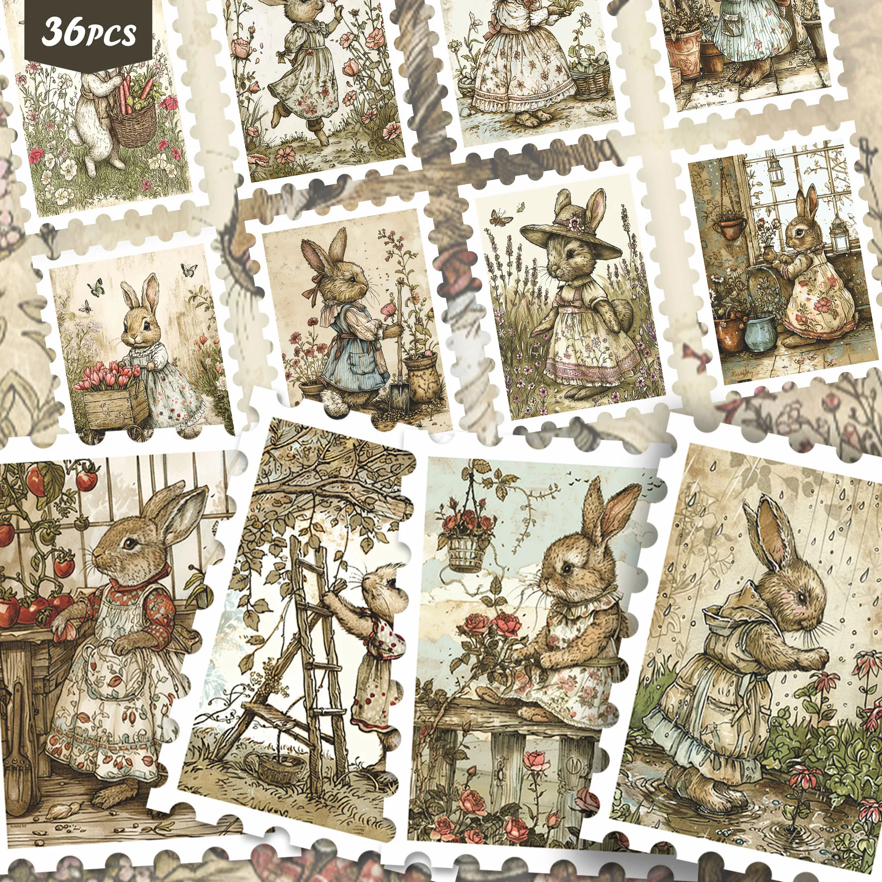 36PCS Retro Floral Bunny Stickers for laptops, Rabbit with Blooms Patterns, Ideal for Journaling & Handmade Card Making