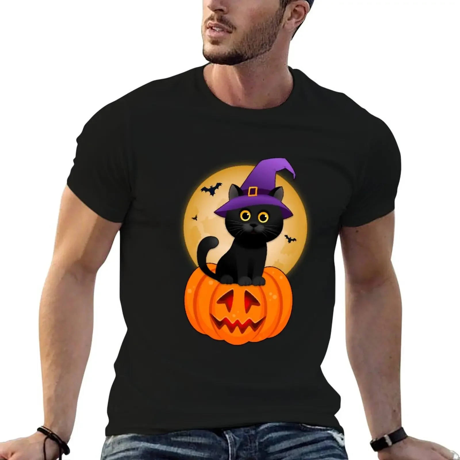 

Cute Halloween Black Cat Witch Hat Pumpkin For Kids Girls T-Shirt sweat basketball graphic tees heavyweight t shirts for men