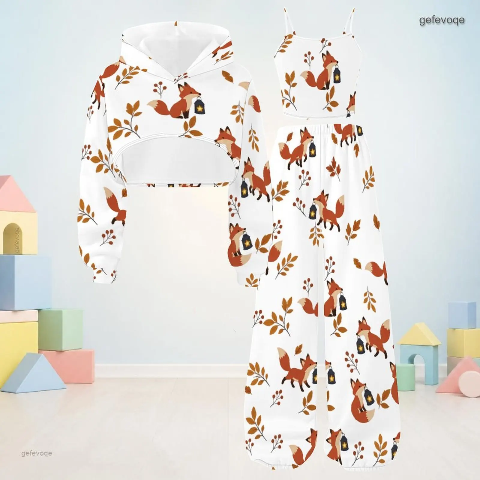 Autumn Graphic Print Girls 3 Piece Outfit Girls Hooded Cute Children Clothing Daily Wear