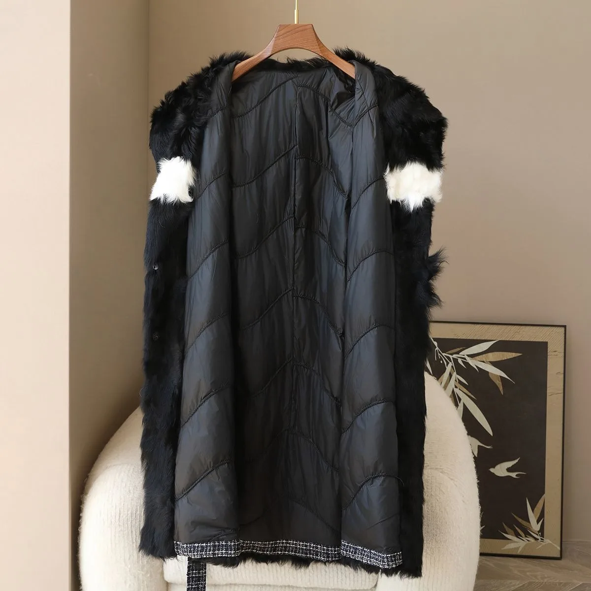 معطف جديد لربيع وخريف 2025 من صوف الضأن مقسم من الفرو مع حشوة داخلية من مخمل الإوزة لدفء المرأة #3
