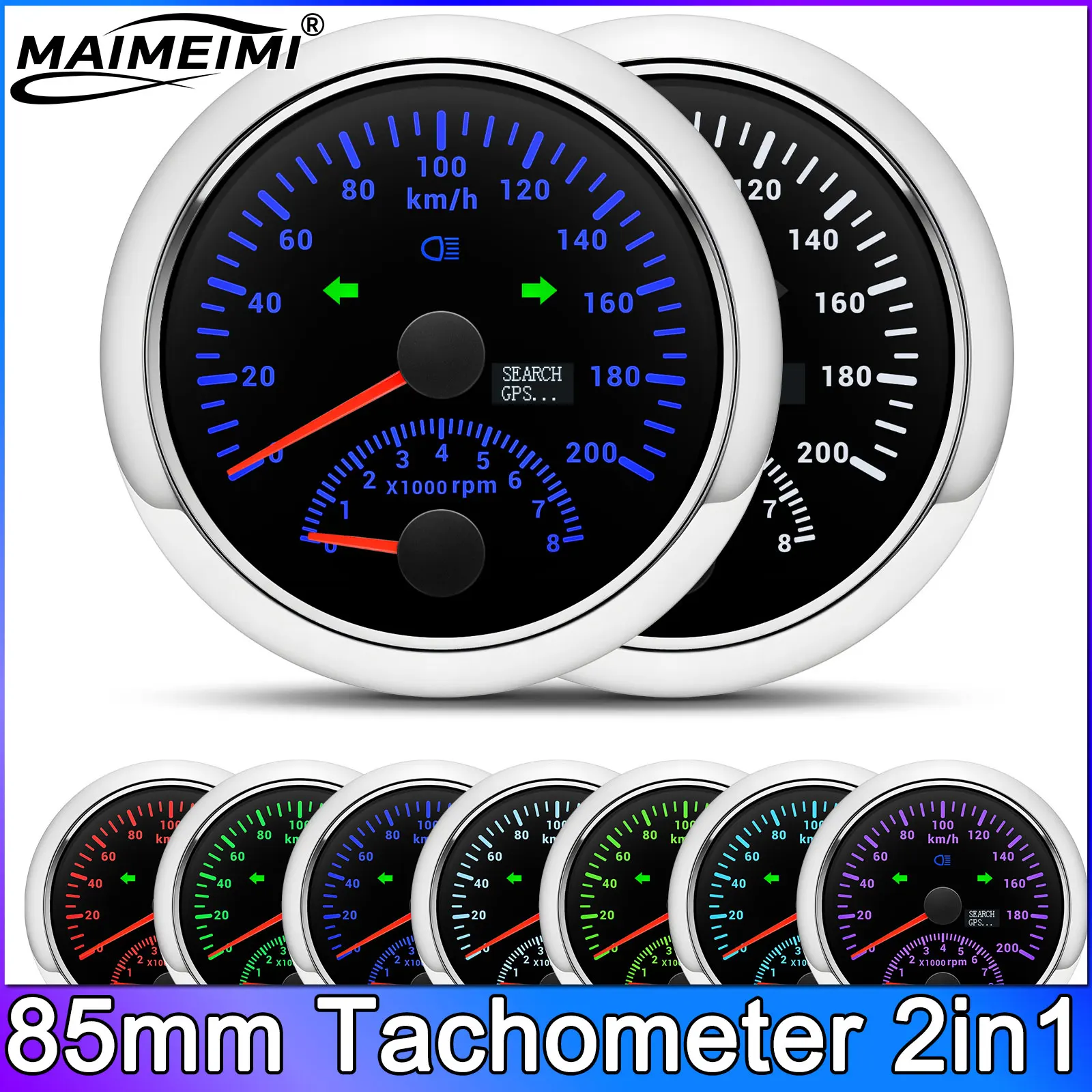 

85mm Tachometer 8000 RPM 2in1 Gauge GPS Speedometer 120 160 200 Km/h Speed Meter with Left and Right Turn Signals for 12V 24V