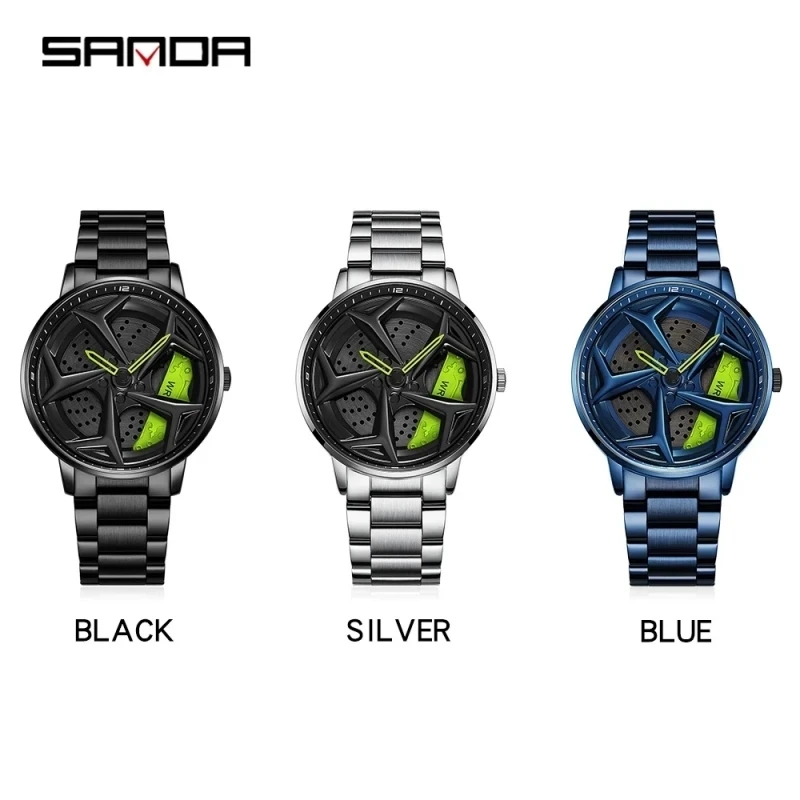 SANDA 1087 Men\'s Quartz Watch Fashion Green Rotating Car Wheel Dial Design Dial Waterproof Stainless Steel Male Wrist Watches