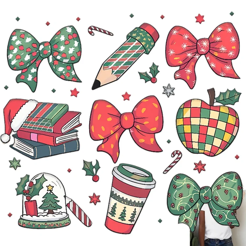Christmas - Themed Heat Transfer White Ink Iron - on Patches, Bow & Apple & Book Patterns, Suitable for T - shirts, Canvas Bags