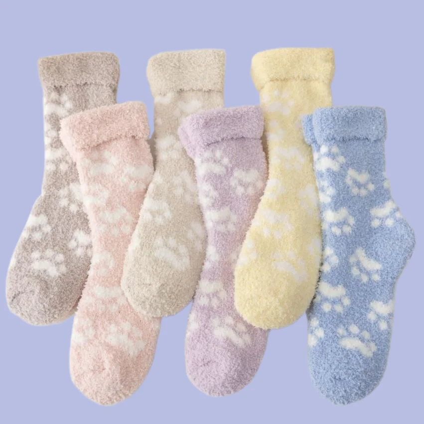 2/6 Pairs 2024 New Thick Warm Floor Breathable Socks Cat's Paw Women's Socks Medium Tube Coral Fleece Women's Casual Socks