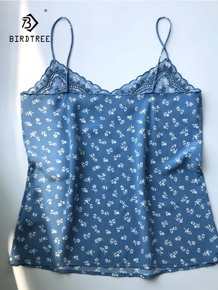 

Birdtree 100%Real Silk Lace Embroidery Suspender Vest Sexy Lady Floral Print Sling Tank Top Camisole Spring Summer New P3D030QC