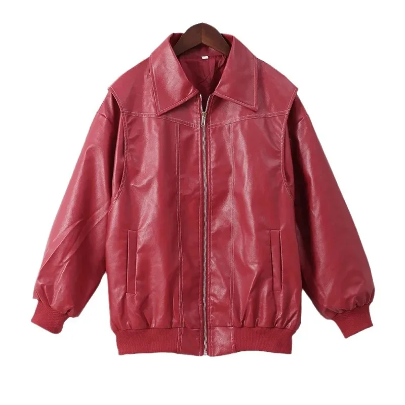 

Винтажная кожаная куртка женская вставная асимметричная молния с зубчатыми лацканами в стиле ретро в стиле бохо