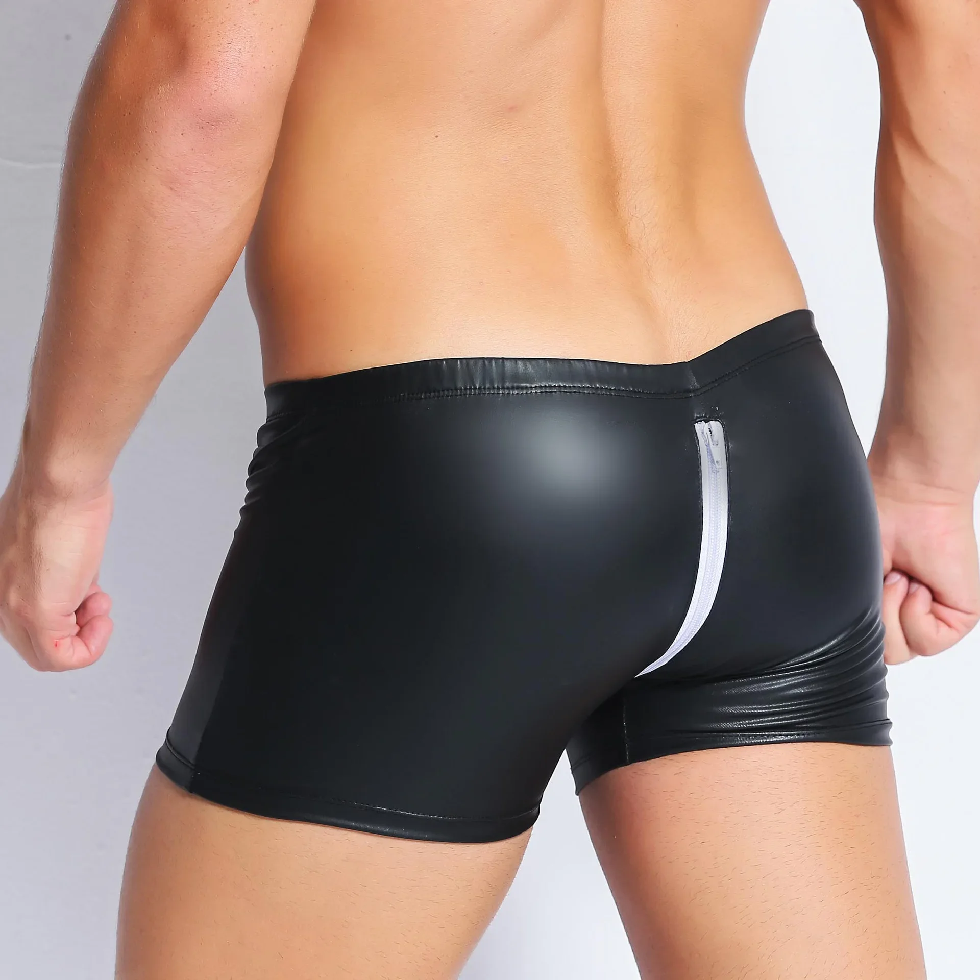 Man Open Crotch Pants Leather Double Zippers Exotic Panties G-Thong Penis Pouch Black Underwear PU Erotic Hole Sexy Boxers 5