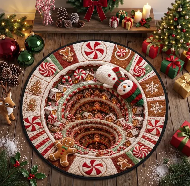 2D Optical Illusion Snowman Christmas Tree Skirt Gingerbread Peppermint Village Hole Round Floor Mat Holiday Home Decor Accent
