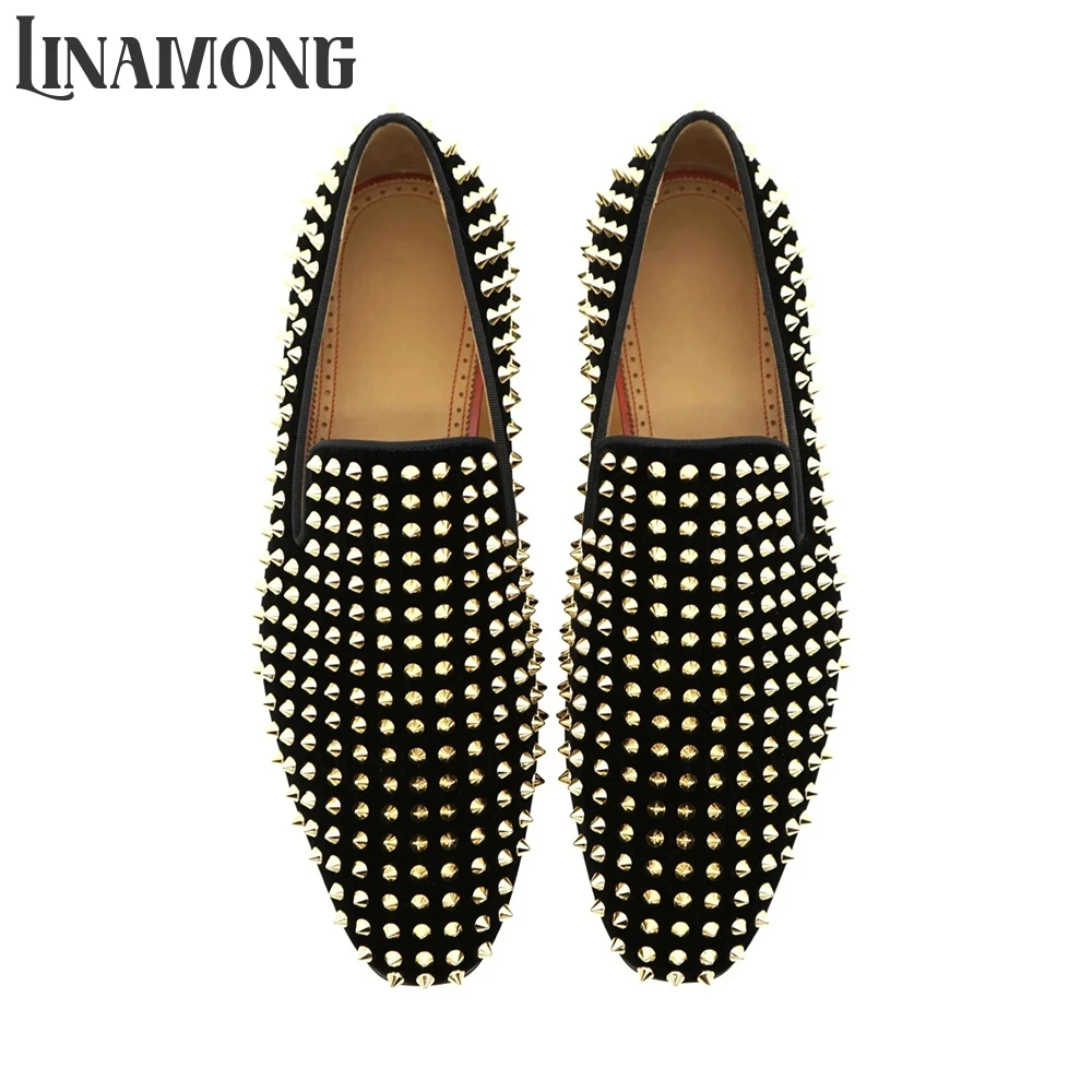 Gold Spikes Loafers Black Velvet Dress Shoes Designer Style Slip-On Punk Leather Shoes Handmade Classic Rivet Leather Men Shoes