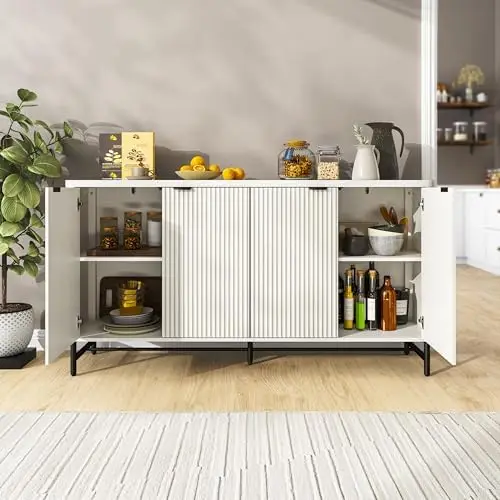 Aparador grande estriado con estantes ajustables, credenza blanca de 65' para salón o pasillo