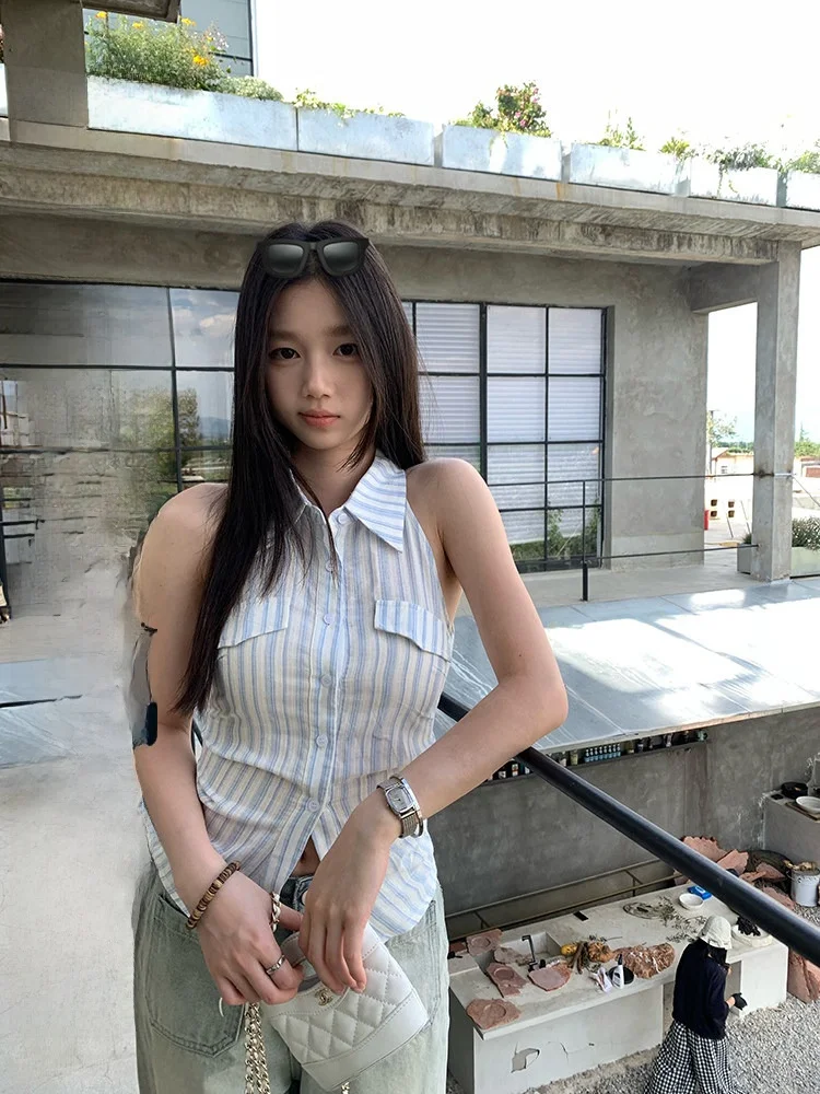 

YOKLASS Summer New Stripe Svel irt Slim Fit Turn-down Collar Faionable Korean Sle Women's Cotton Blend irt