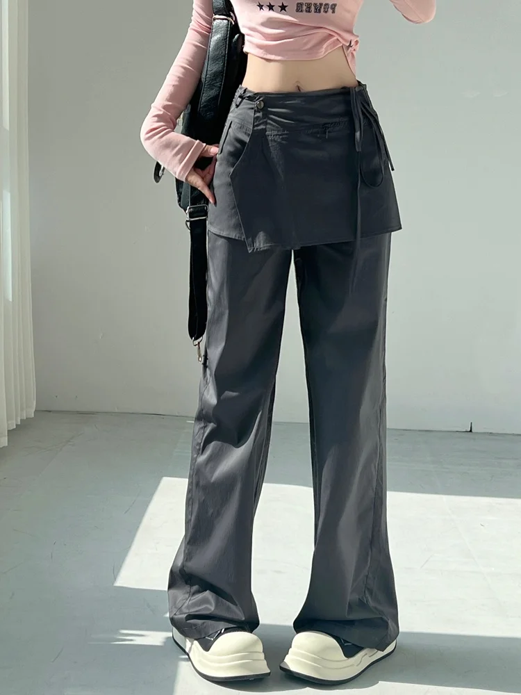 ストリートスタイル ハイウエスト ワイドレッグパンツ アシンメトリーヘム ガールズ風 フェイクツーピース スカートパンツ カジュアルパンツ レディース