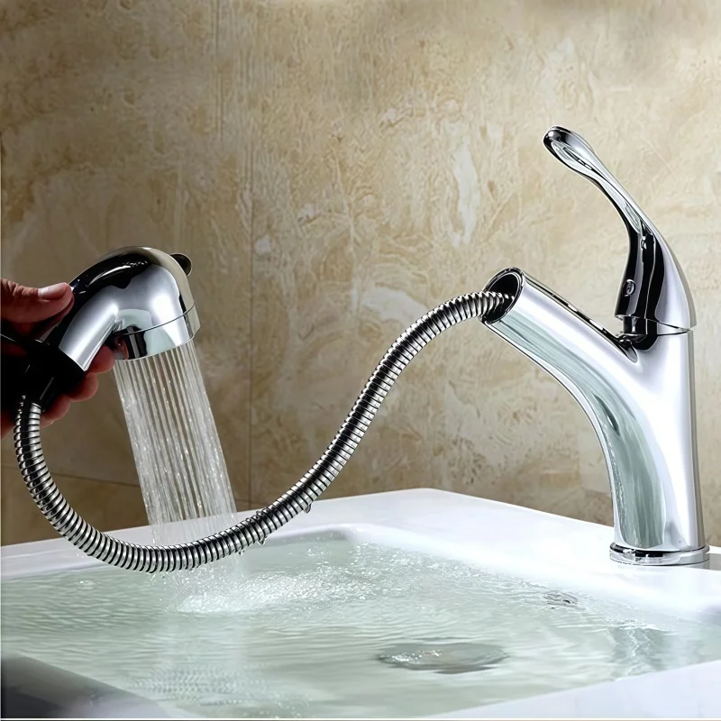 Pull-out Basin Faucet for Bathroom, Countertop Basin, Hot and Cold Dual-use, Large Head Pull-out