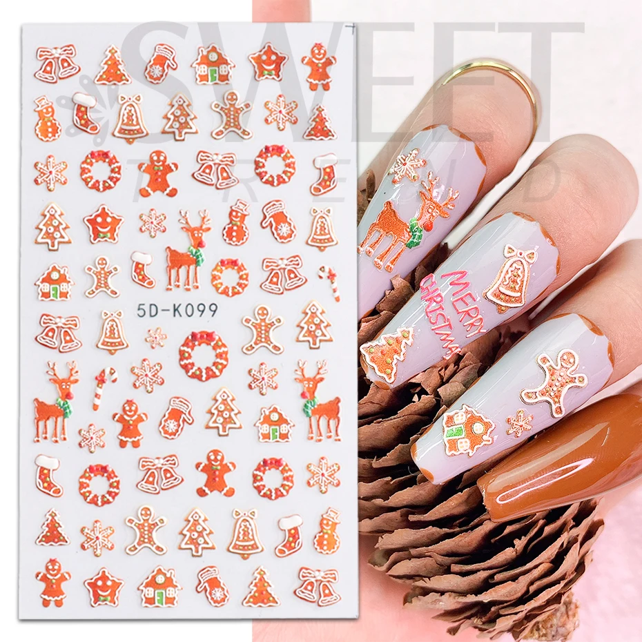 5D Embossed Christmas Nail Sticker Cartoon Gingerbread Santa Holly Snowflake Elk Bird Xmas Winter Slider Nail Decorations BE5D-K