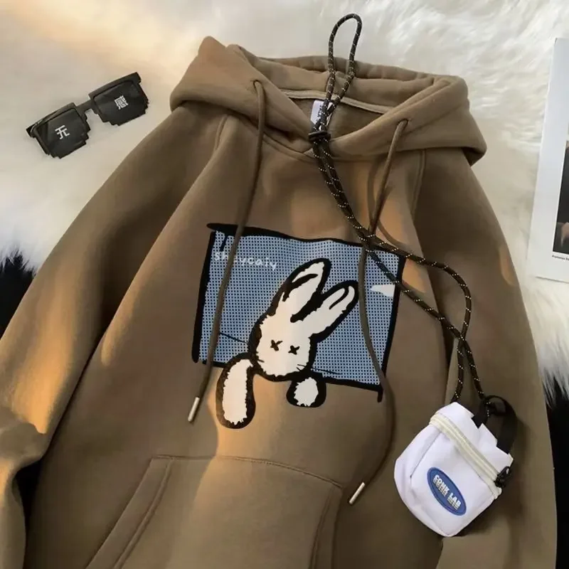 النمط الأمريكي المعتاد هوديي المرأة سميكة الصوف فضفاضة الخريف الشتاء سترة علوية الإناث أزياء العلامة التجارية الملابس